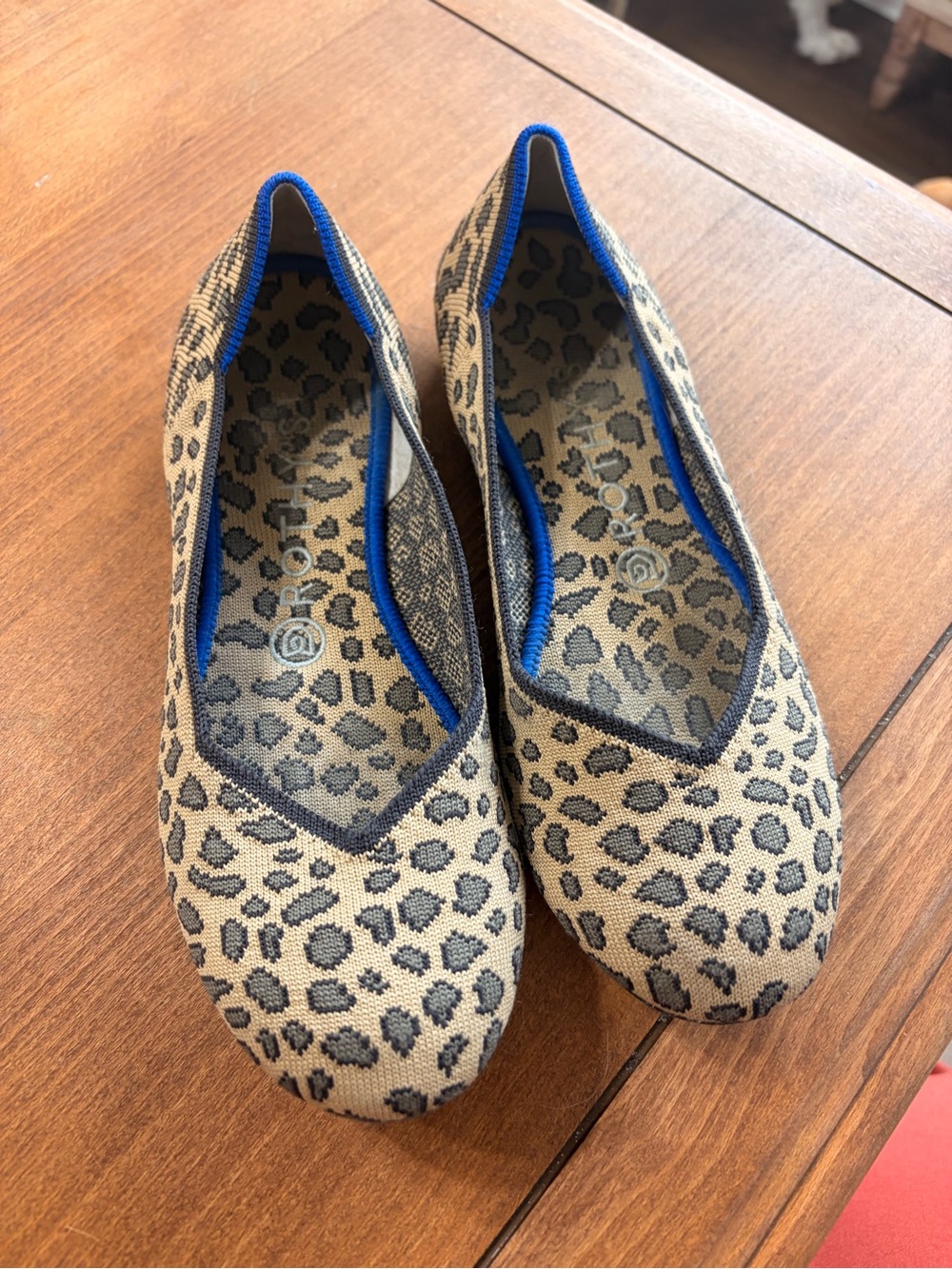 Rothy's Leopard Knit Ballet Flats with Blue Trim
